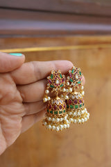 Lotus Ruby Green Pearl Jhumka